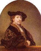 REMBRANDT Harmenszoon van Rijn wearing a costume in the style of over a century earlier. National Gallery oil painting reproduction